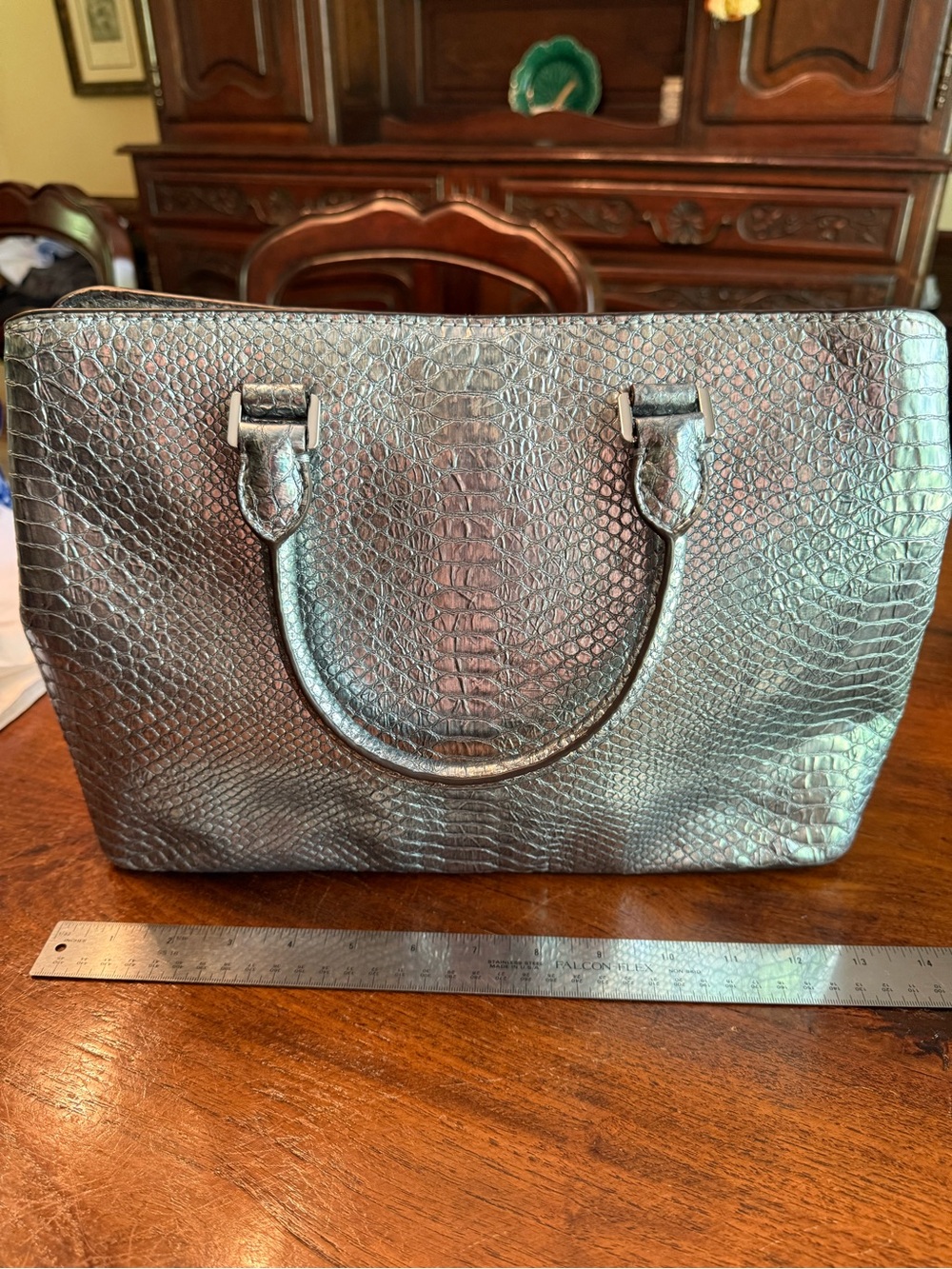 Michael Kors Metallic Silver Python-Embossed Satchel - Picture 5 of 11
